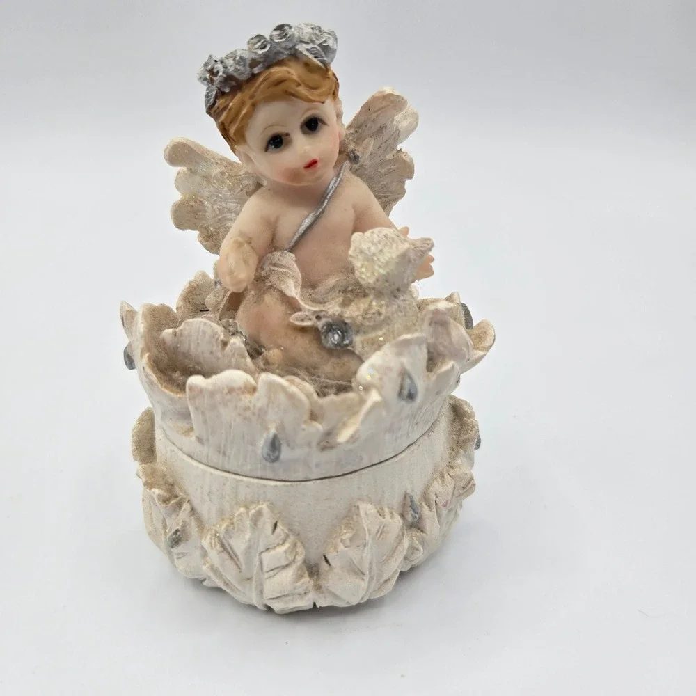 Angel Cherub Trinket Box Small Cream Whimsical Glitter Resin Leaf Decor